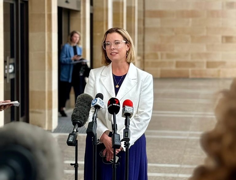 Hannah Beazley MLA speaking outside WA Parliament at a press conference.