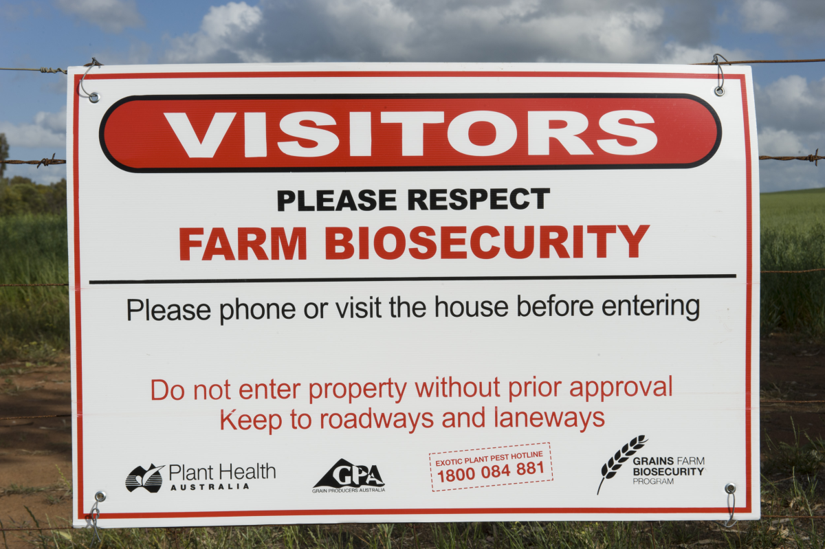 Farm biosecurity sign.