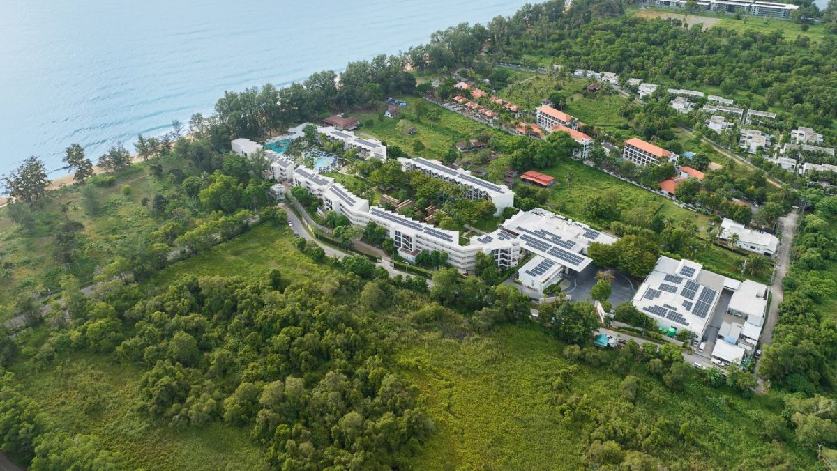 An aerial view of the Le Méridien Phuket Mai Khao Beach Resort overlooking the Andaman Sea and surrounded by the natural beauty of Sirinat National Park, in Thailand. 