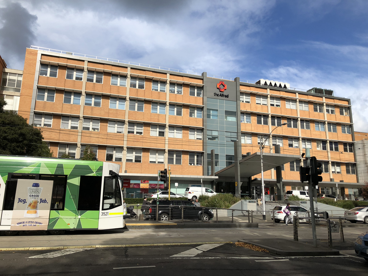 Tram passing a hospital