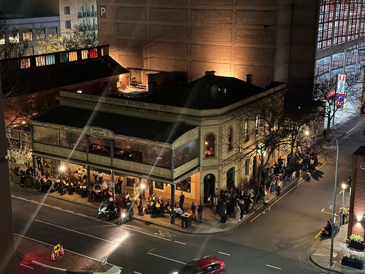 Outside the Crown and Anchor Hotel at night.