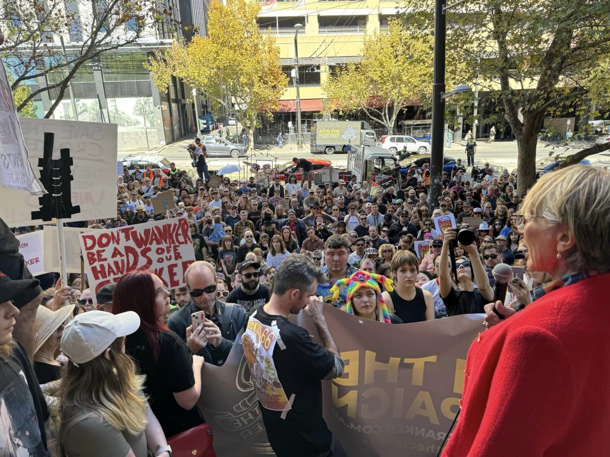 Protesters listening to a speech in front of South Australian Parliament.