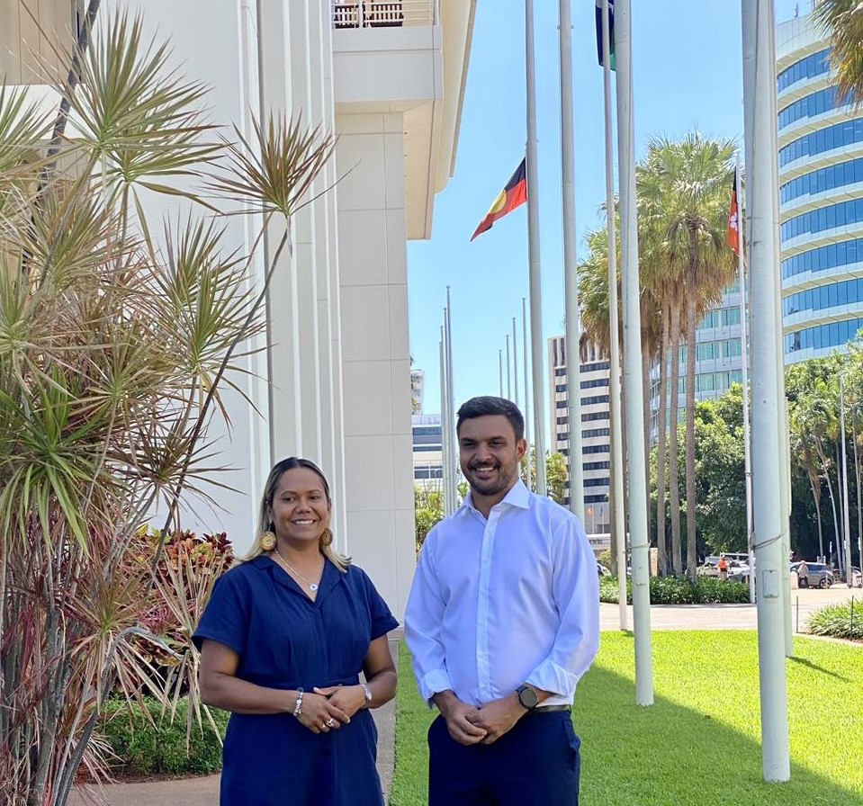 Selena Uibo and Dheran Young outside the NT Parliament.