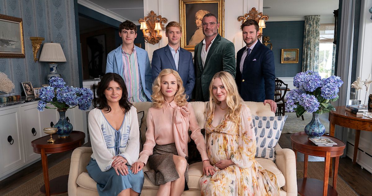 Nicole Kidman, seated centre, and Liev Schreiber, standing second right, are the lead stars in the Netflix murder mystery where a cast of wedding guests and murder suspects score an exclusive invite to the six-episode adaptation of Elin Hilderbrand’s bestseller The Perfect Couple.