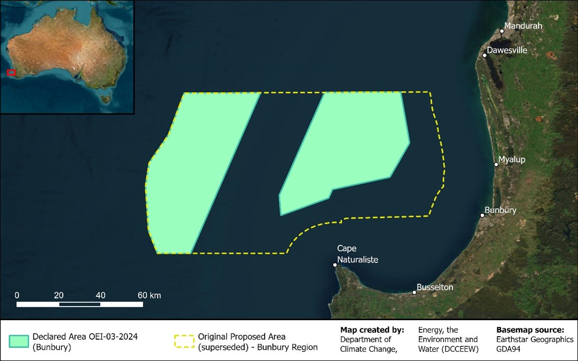 Map of the declared offshore wind zone area near Bunbury on the WA coast.