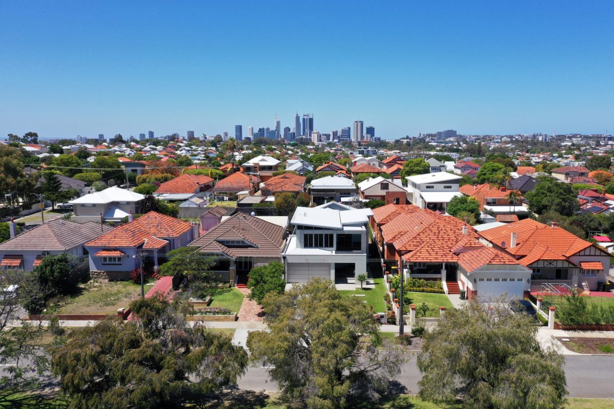 Aerial urban suburban cityscape landscape view in Perth Western Australia.