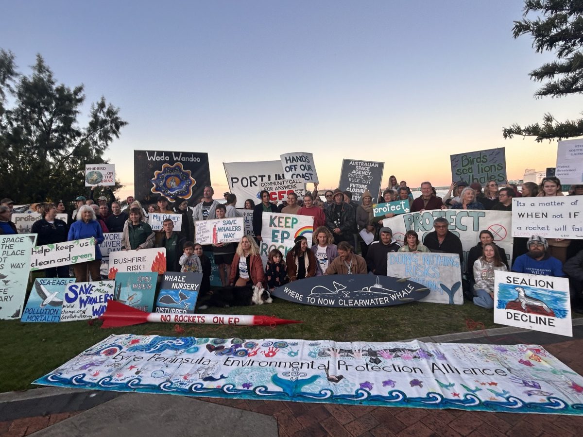 A group of people holding up signs in protest against the Whaler's Way rocket launch site.