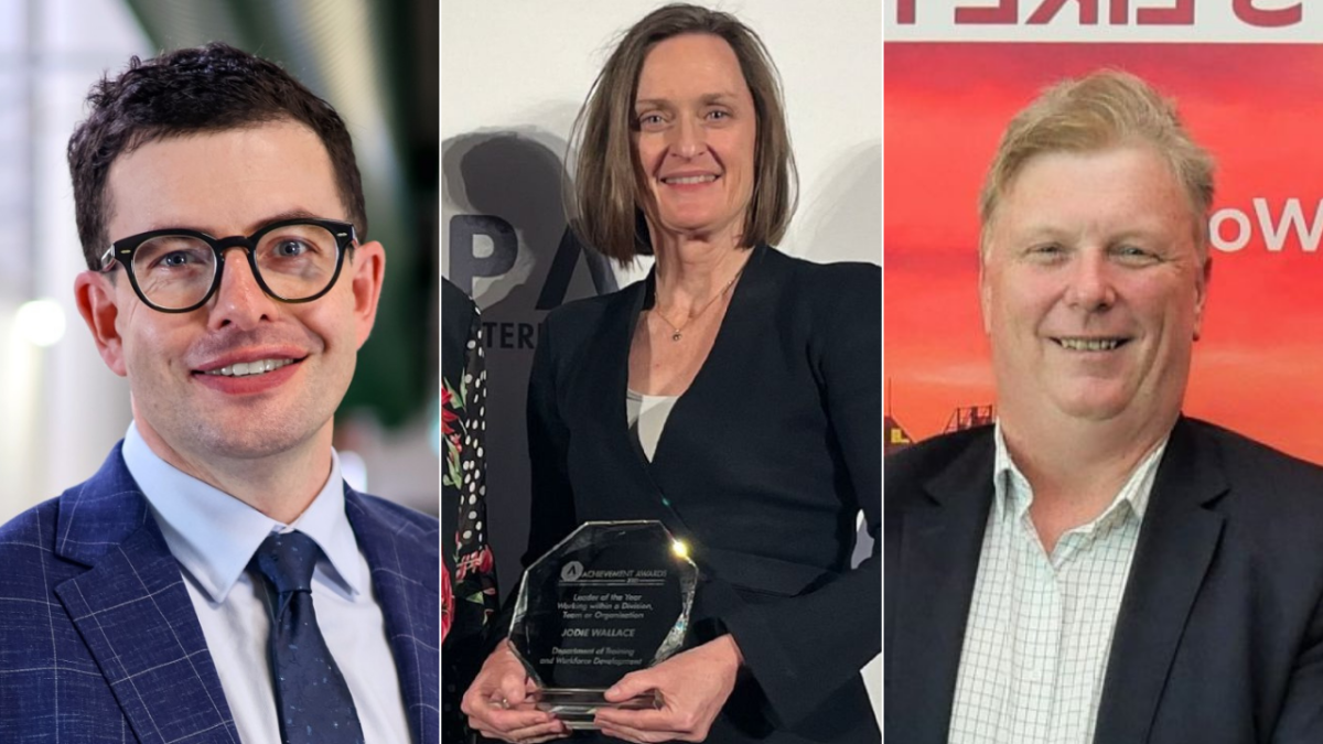 Three images combined: two men and a woman, who is holding an award 