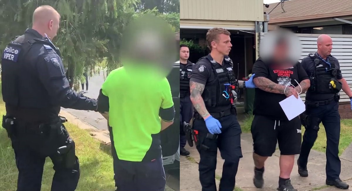 Victorian Police walking with handcuffed OMCG members. 