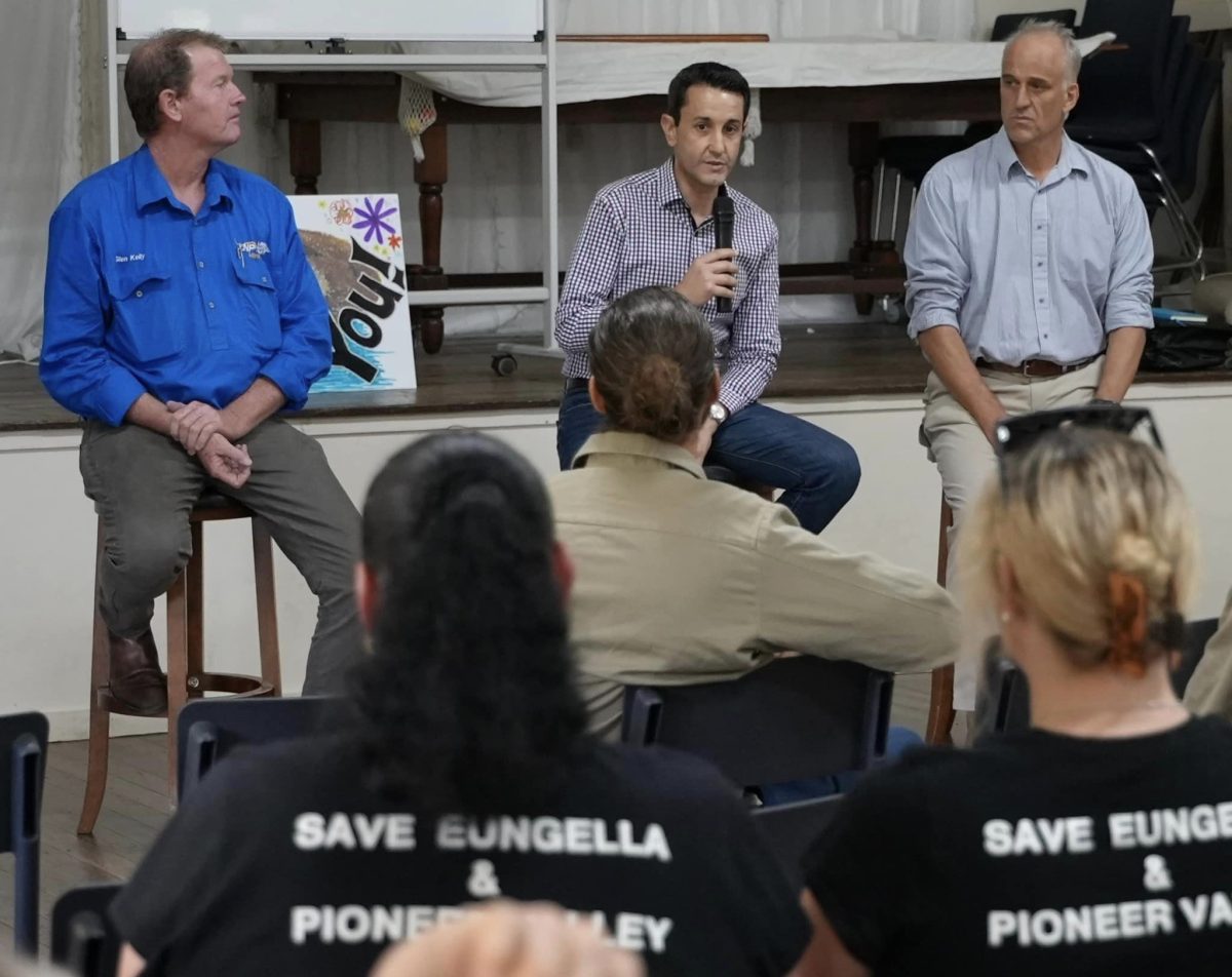 David Crisafulli, Glen Kelly and Nigel Dalton speak to Eungella locals at a town hall meeting.