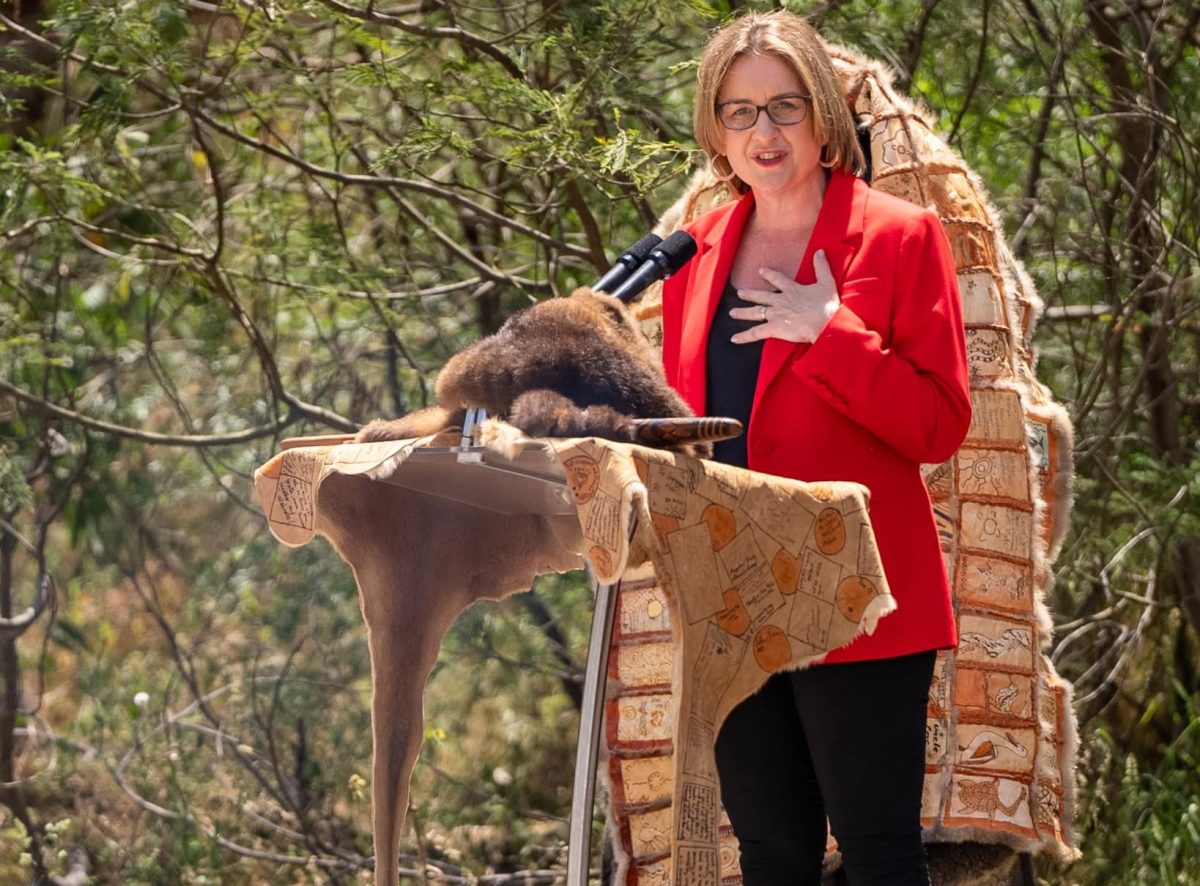 Premier Jacinta Allan speaking outside through a lectern that's draped with various animal skins.