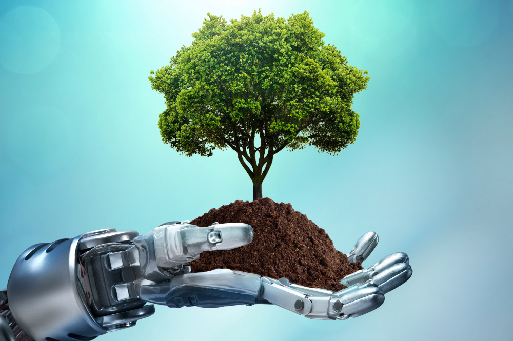 Robot hand holding a growing tree