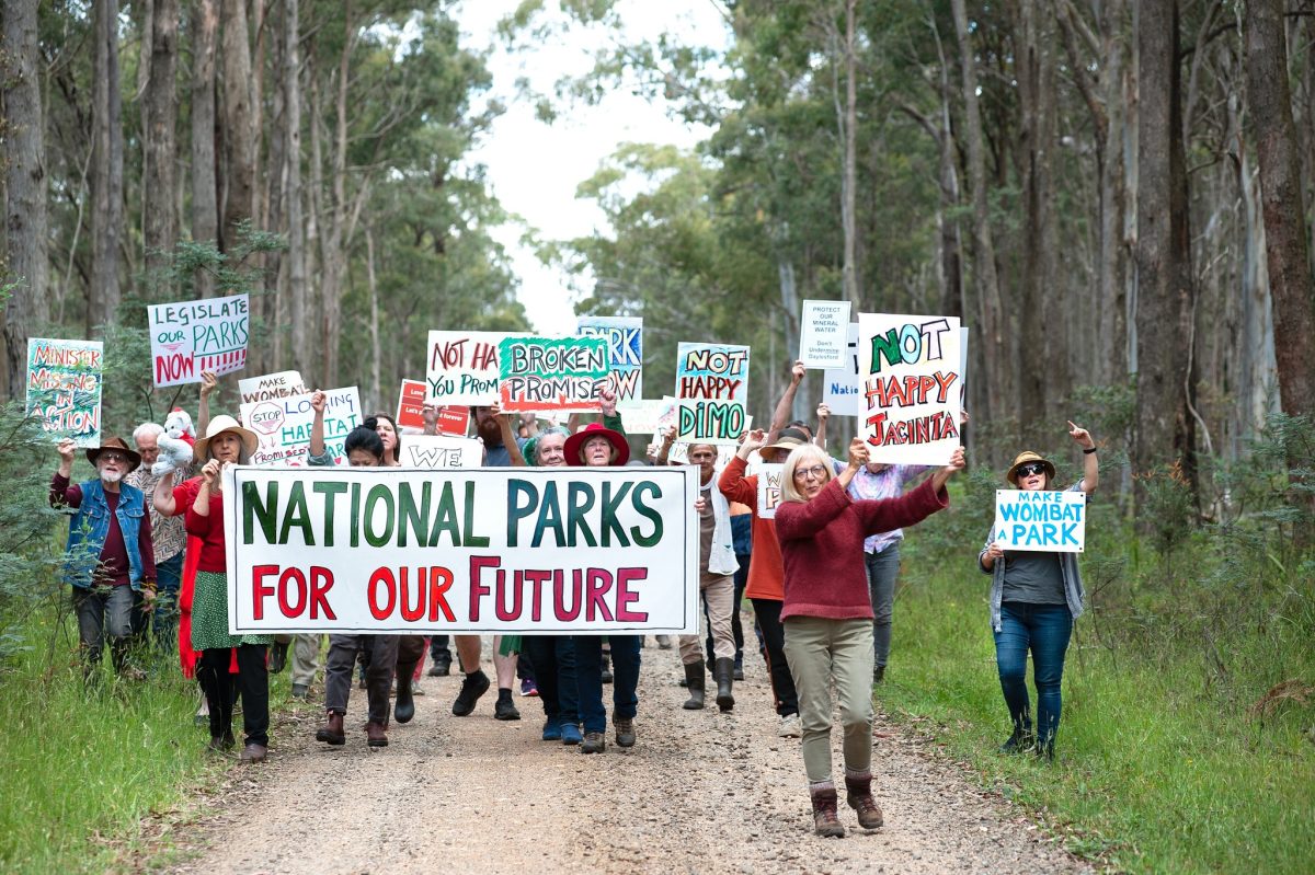 A group of protesters walking in the Wombat Forest demanding action on the National Parks promise.