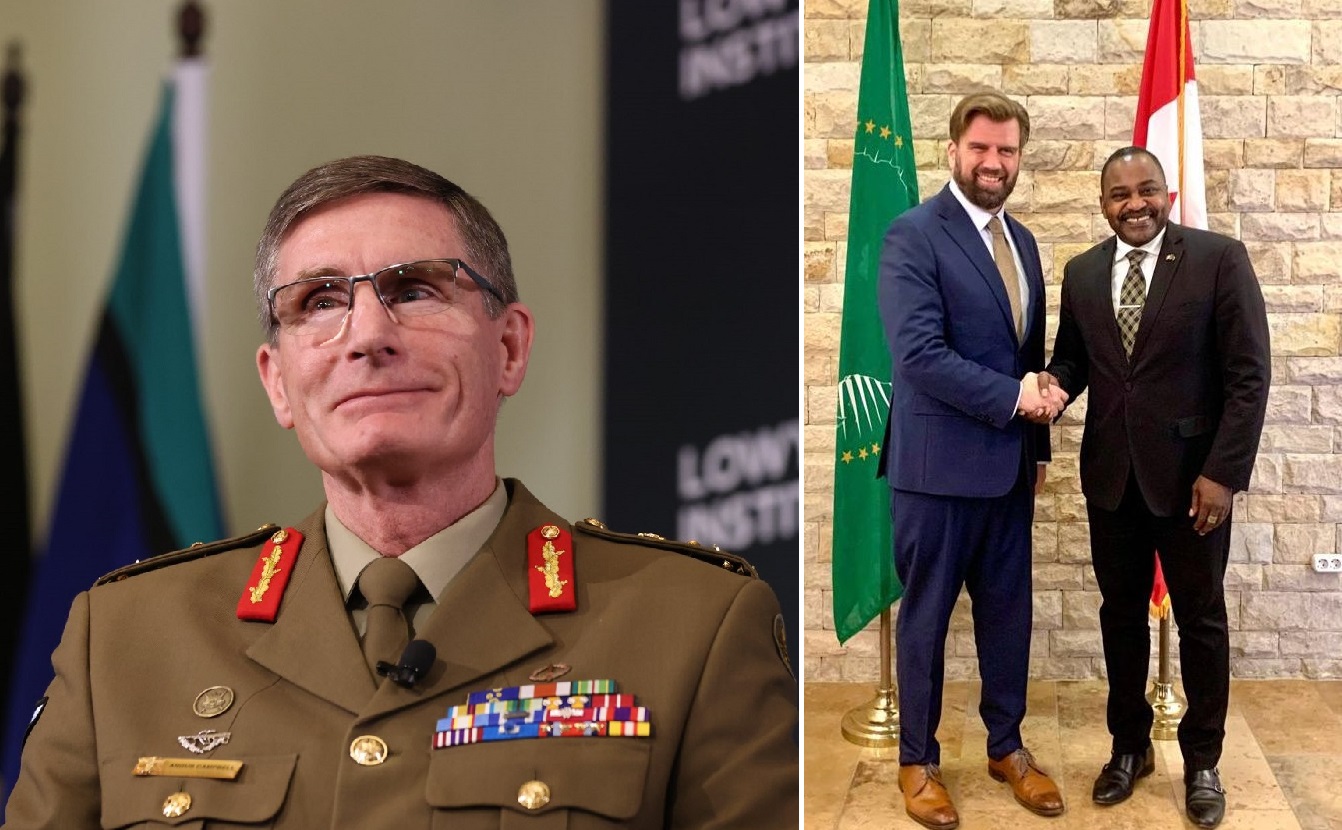 collage of an army officer and two men shaking hands