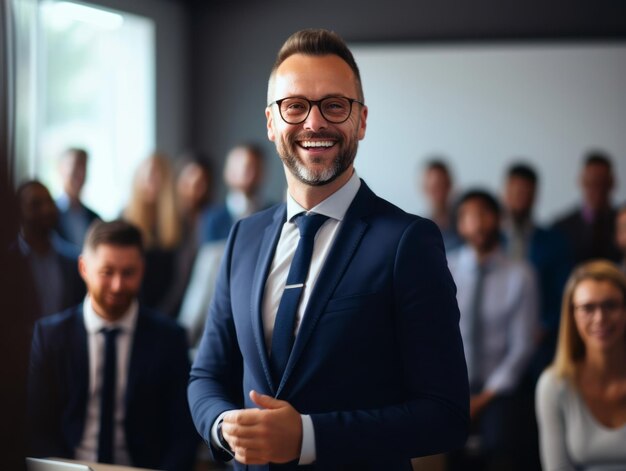 Smiling man in a suit at an office meeting