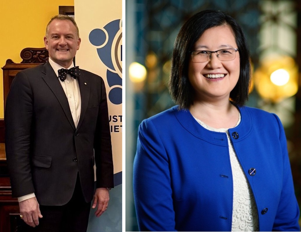 combined images of a smiling man in a suit and bowtie, and a smiling woman