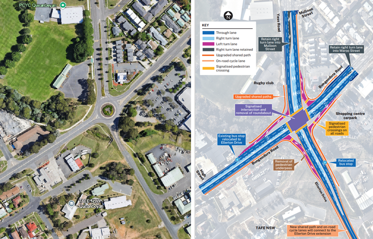 combined images of Queanbeyan intersection and a redevelopment map for it