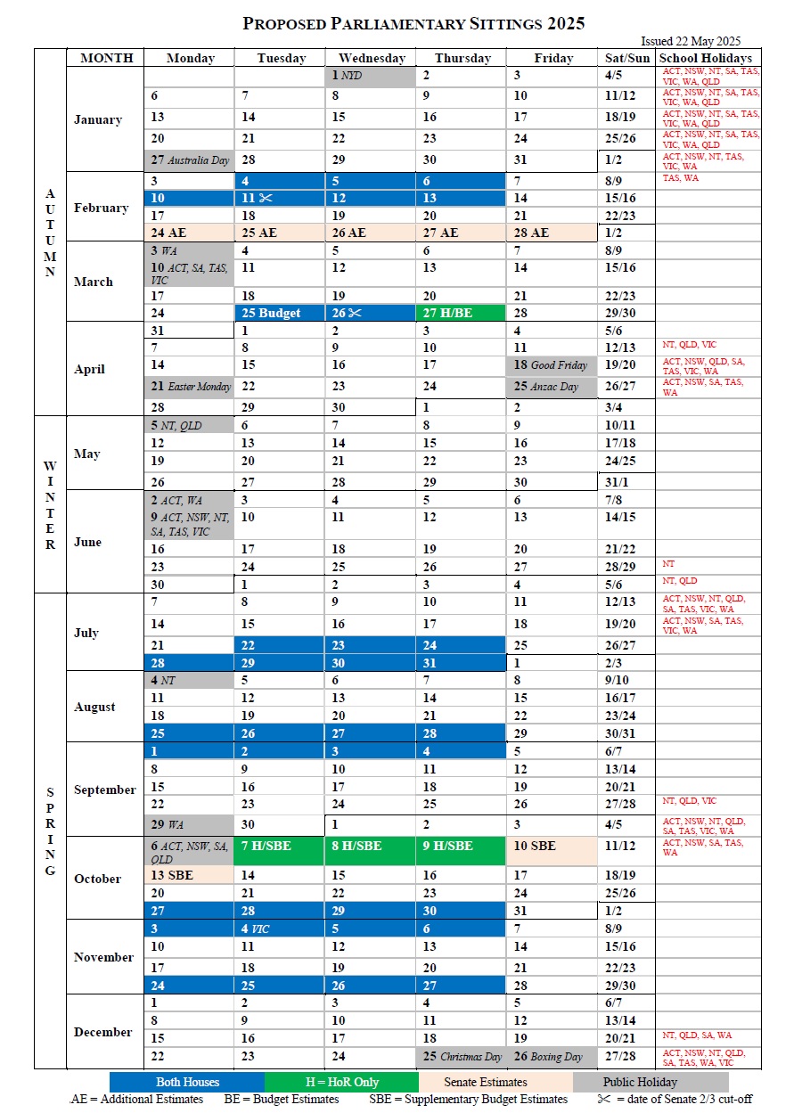 2025 Parliamentary sitting calendar.