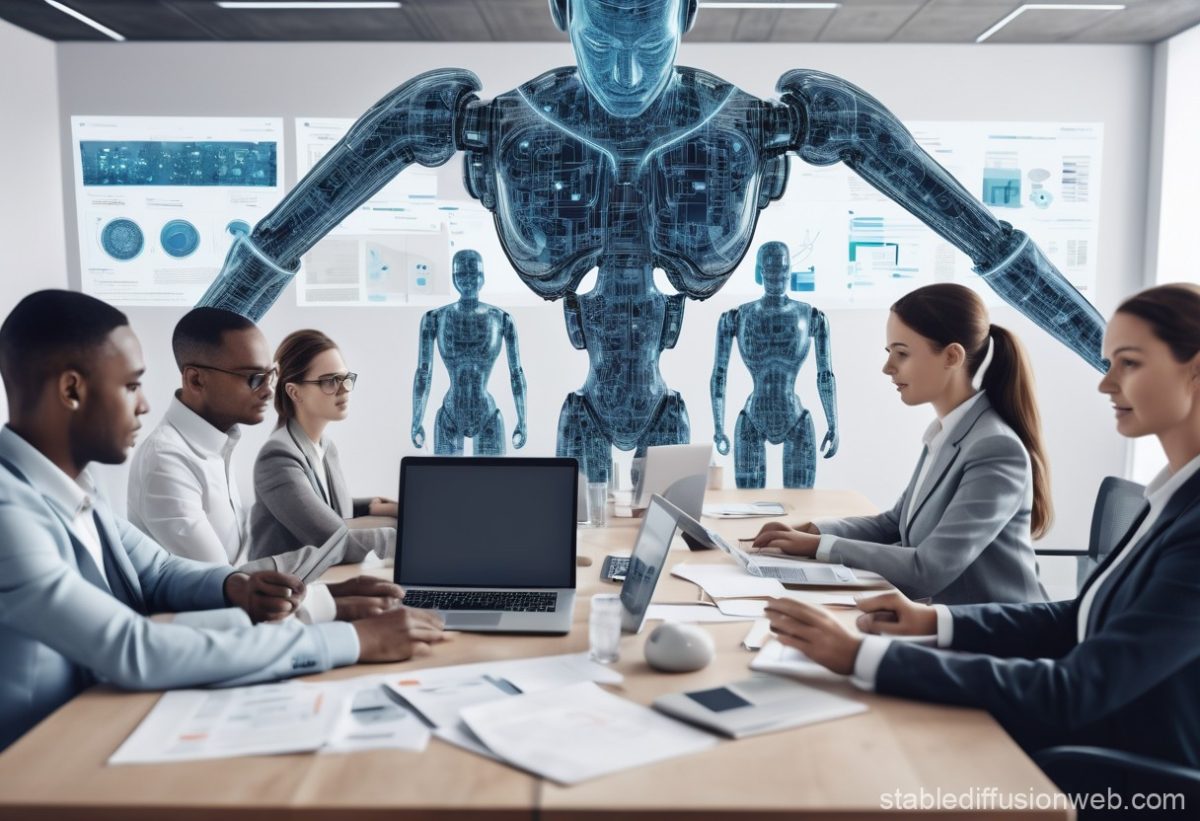 a robot looking down on office workers at a table