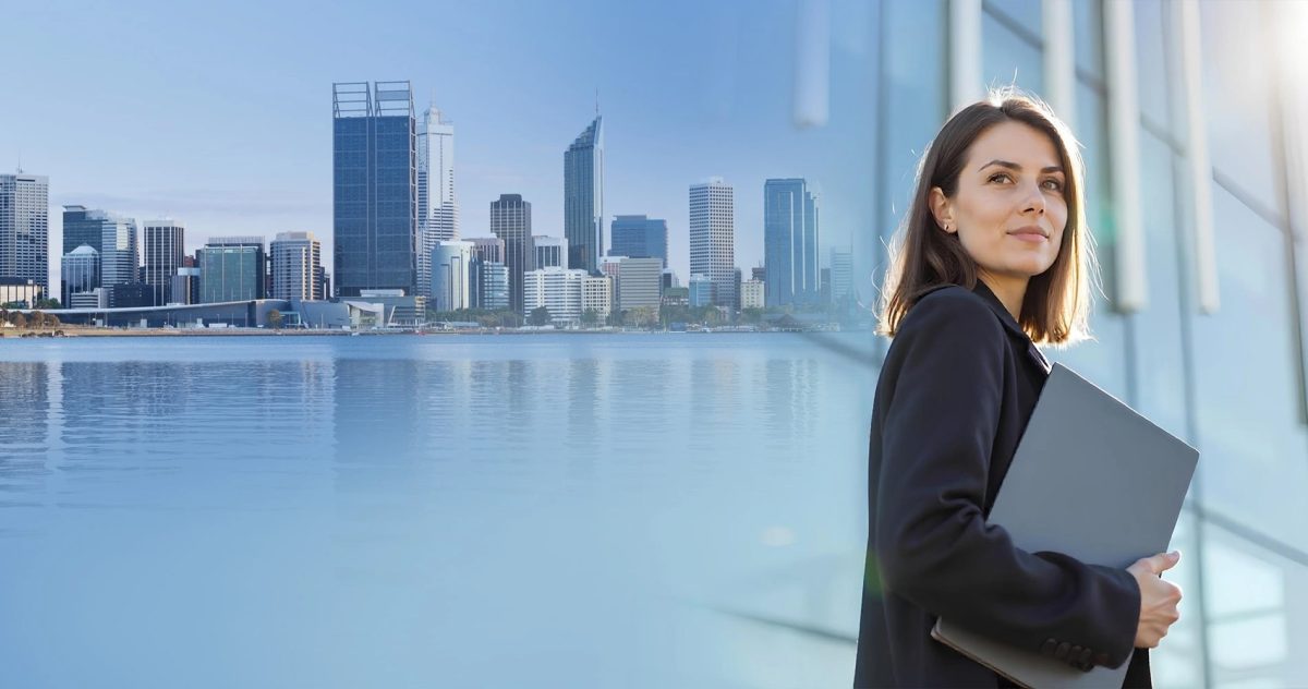 a woman holding a folder, with a city skyline and river in the background