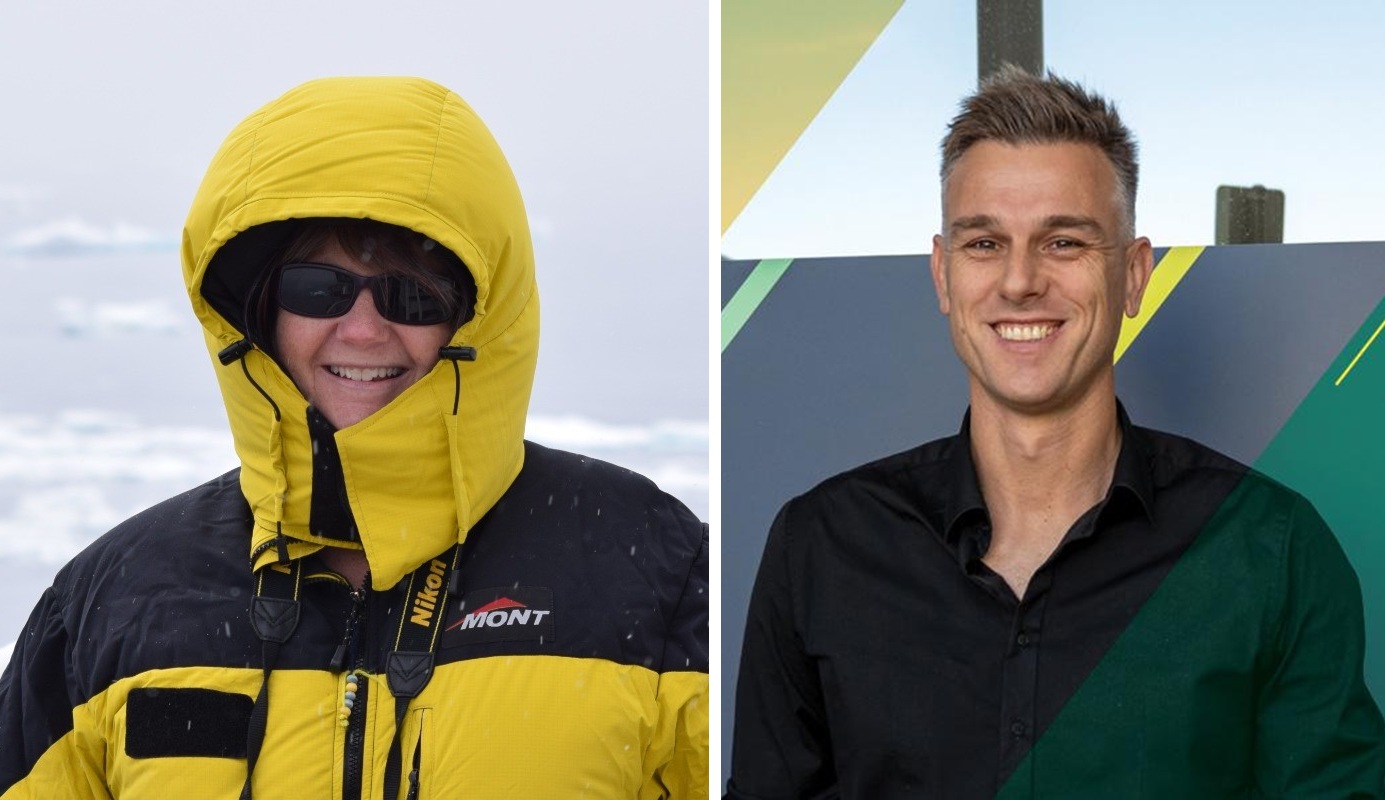 A smiling woman standing in the snow, and a smiling man