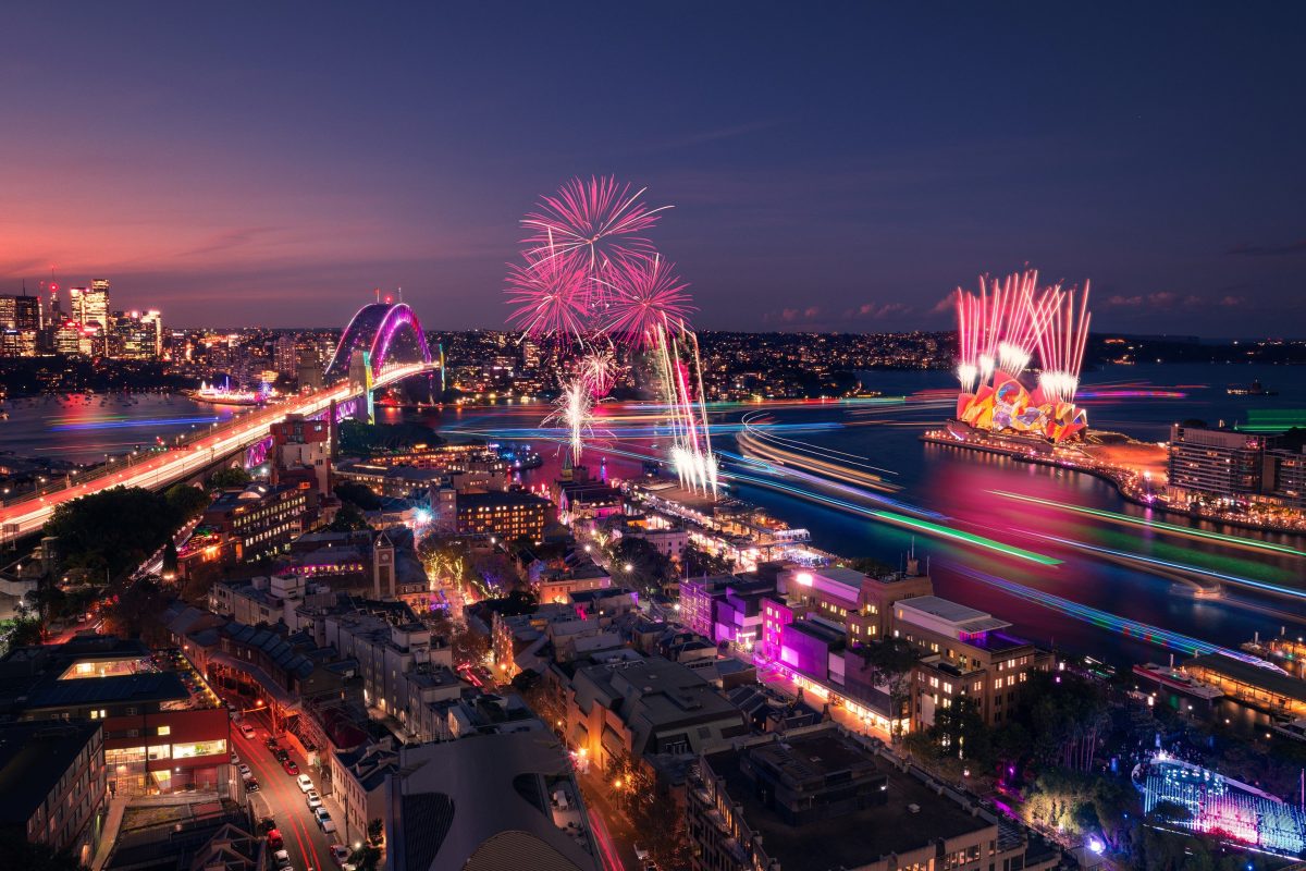 fireworks and light shows over Sydney Harbour