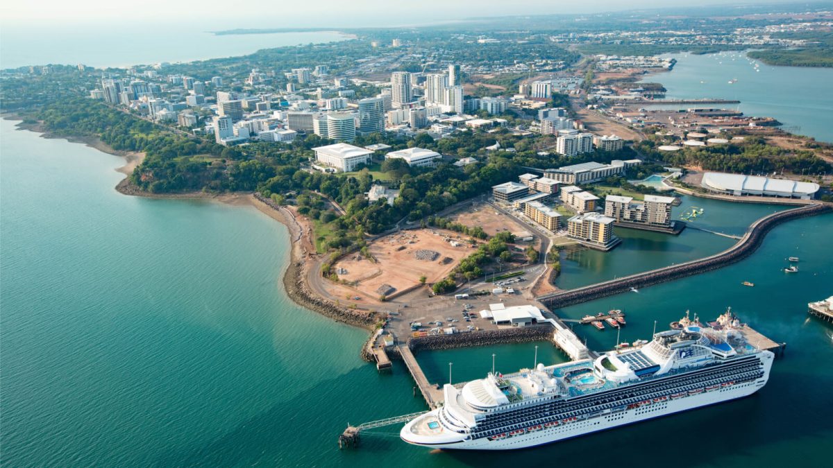 cruise ship at a city's port