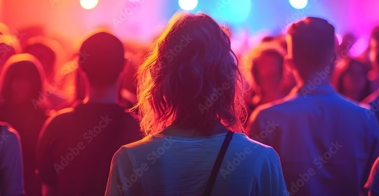 Backs of people looking into nightclub