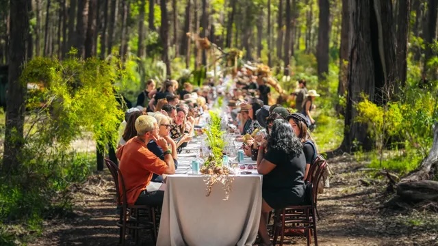 people lunching at a long table in a forest
