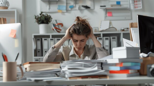 Woman behind a cluttered desk