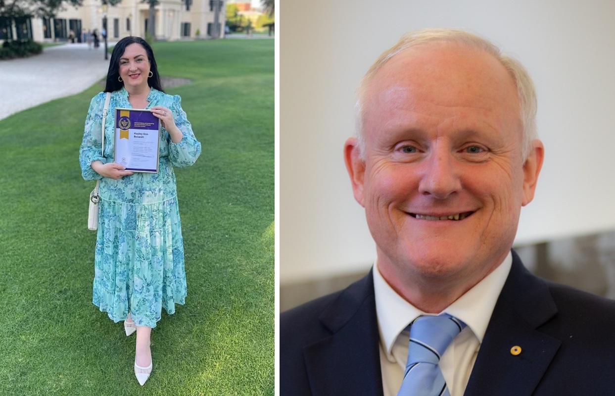 composite photo of a womam holding a certificate, and a smiling man in a suit