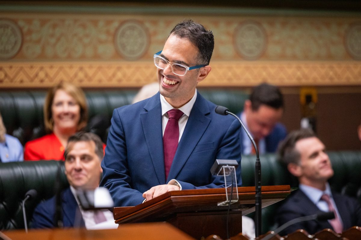 man smiling while addressing a government chamber 