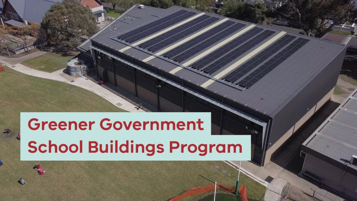 School building with rooftop solar panels