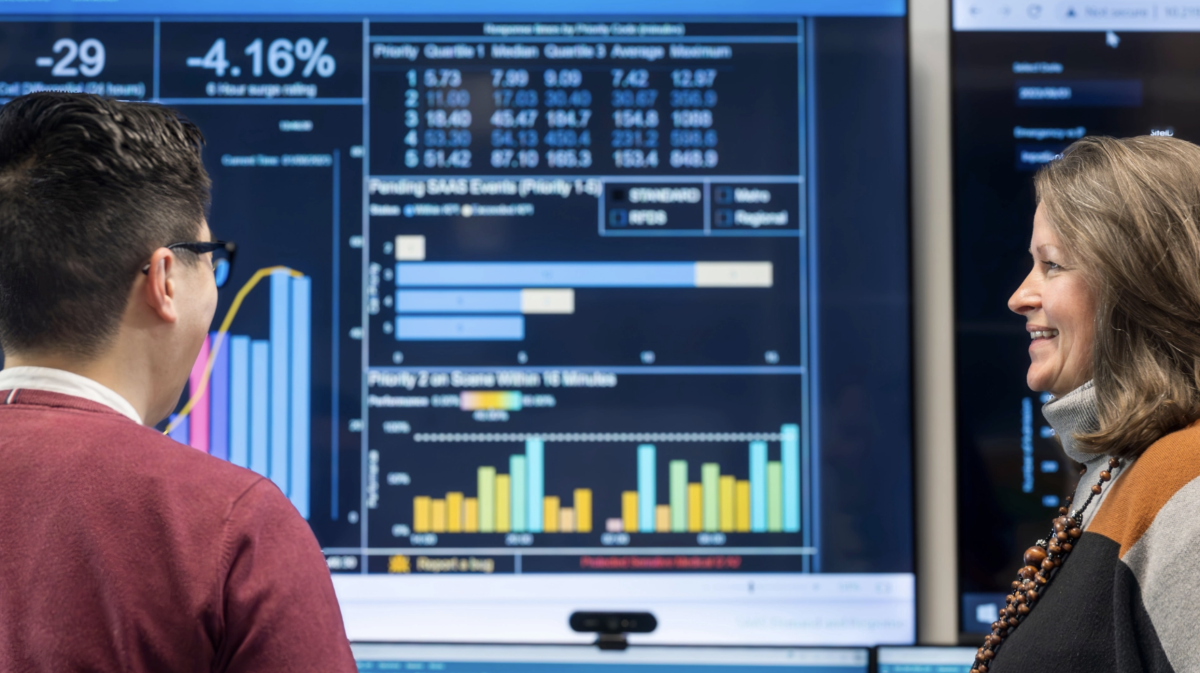 a man and a woman looking at a screen displaying graphs and numbers