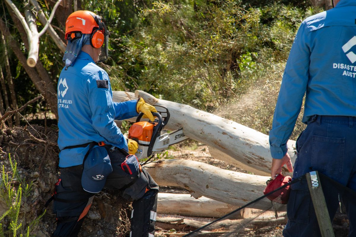 Emergency services workers cutting a fallen tree with a chainsaw after a storm