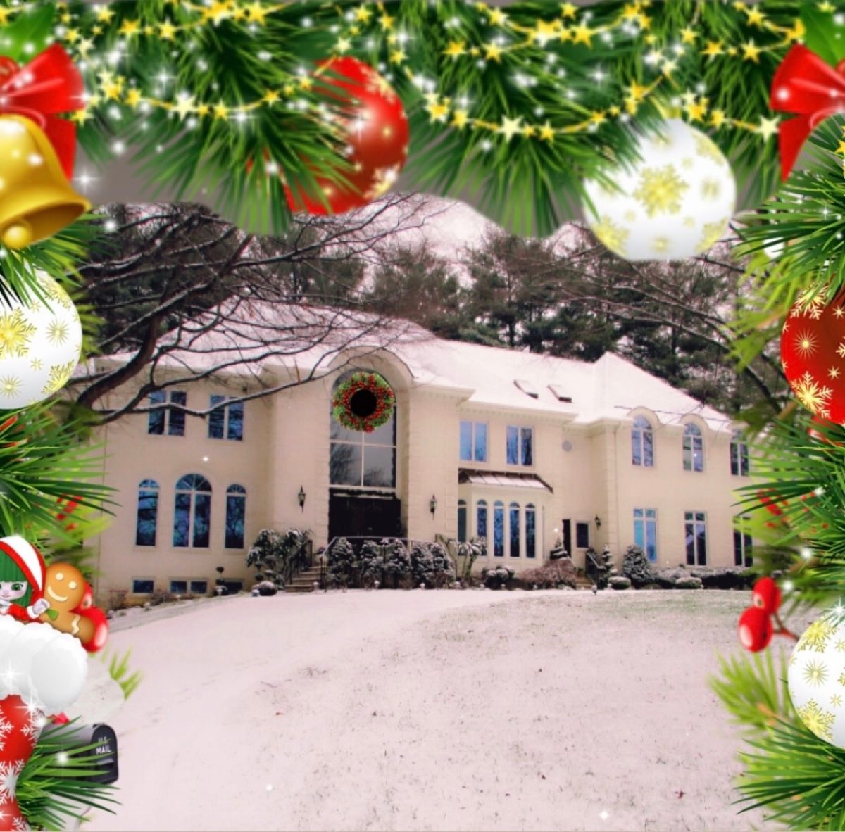 house and snow-covered driveway