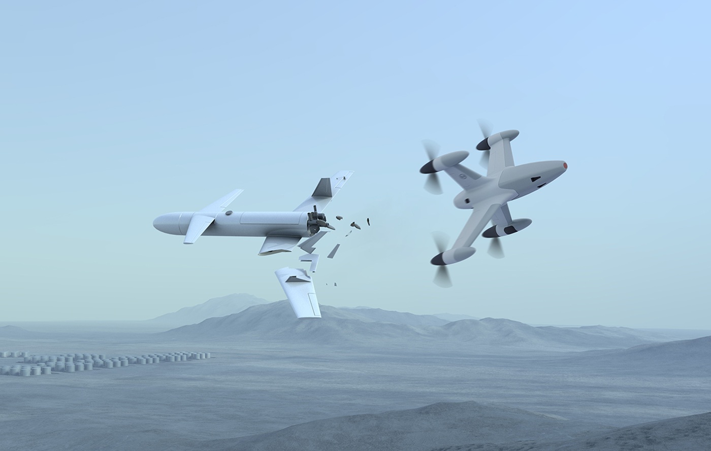 Concept art of an Interceptor destroying an enemy drone