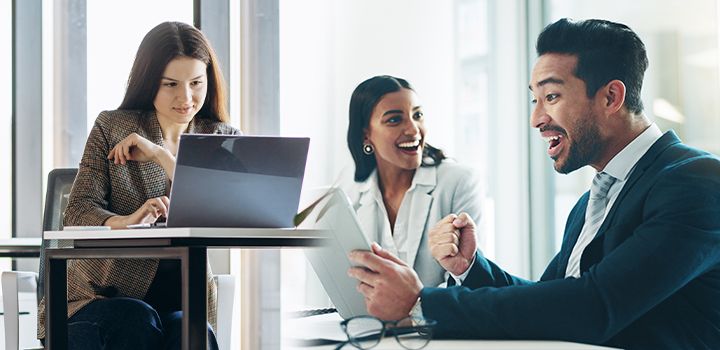 Extrovert man talking and introvert woman at computer