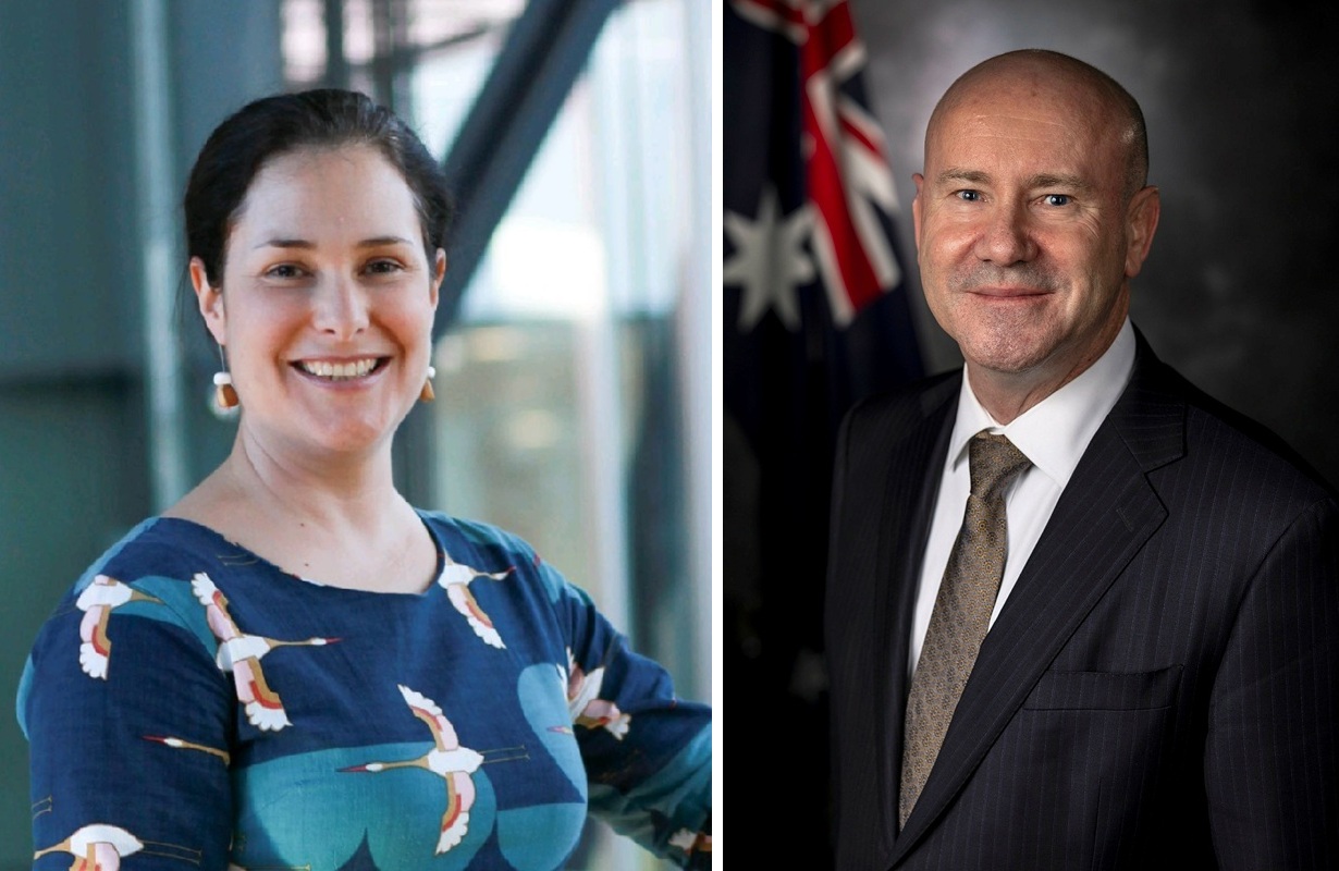 combined portraits of a smiling woman and a man in a suit