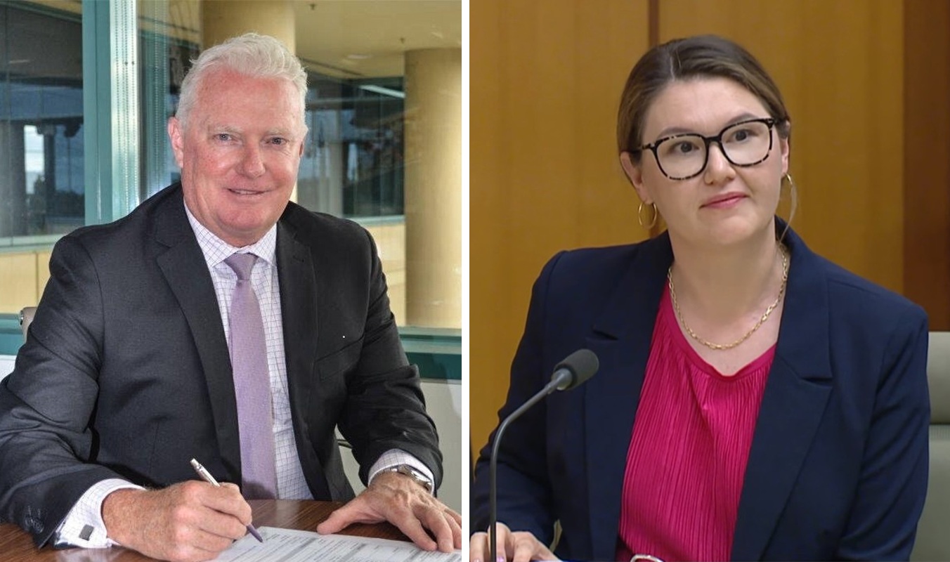 combined portraits of a man in a suit writing on a document, and a woman at a microphone