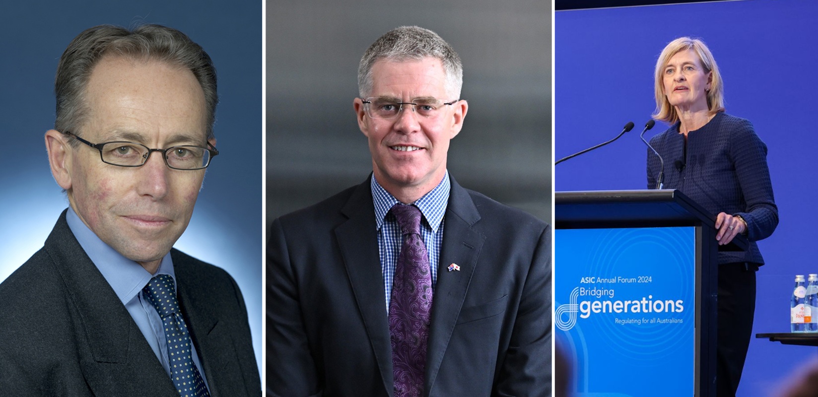 combined image of portraits of two men, and a woman standing at a lectern