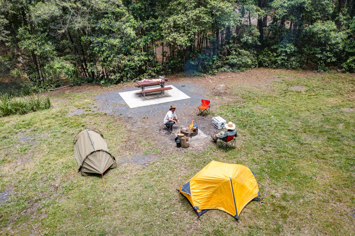 Drone shot of people at a campsite