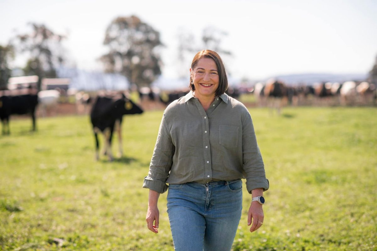 A woman standing in a paddock with cows in the background