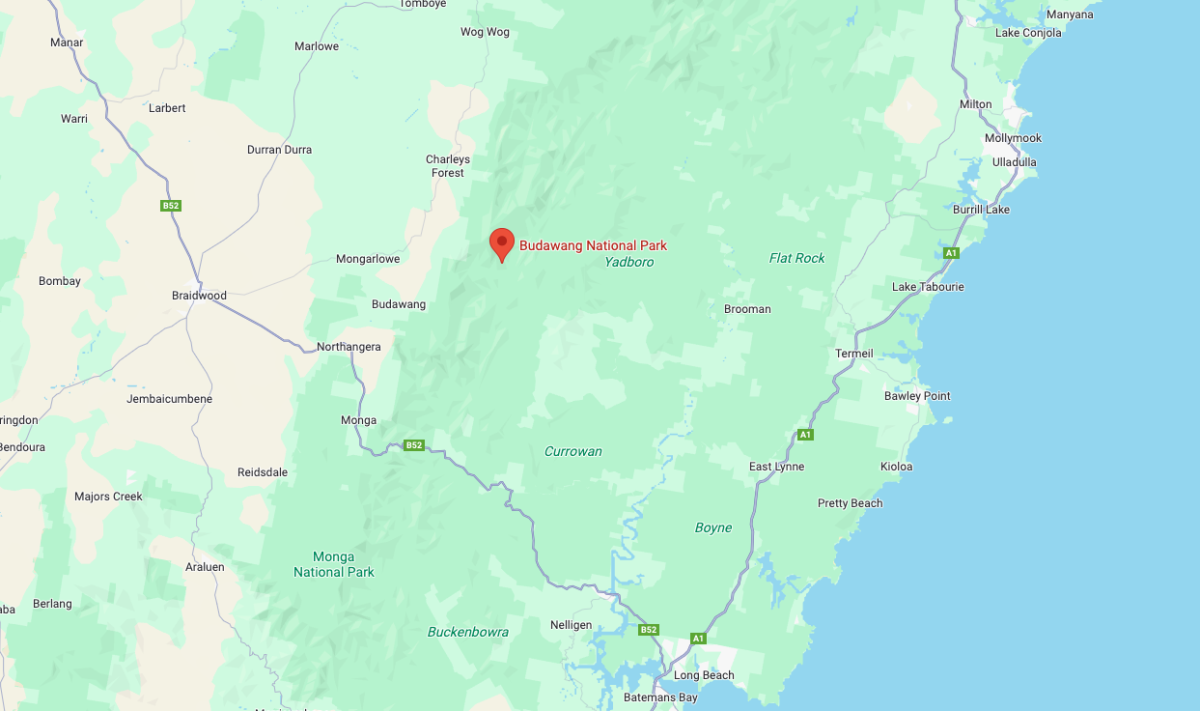 A map with a pin showing where Budawang National Park is