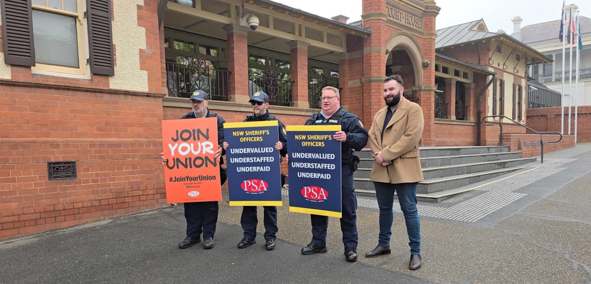 Sheriff Greg Petrie, Sheriff Glenn Elliot-Rudder and Sheriff Brendon Wardle with Public Service Association industrial officer Ben James. 