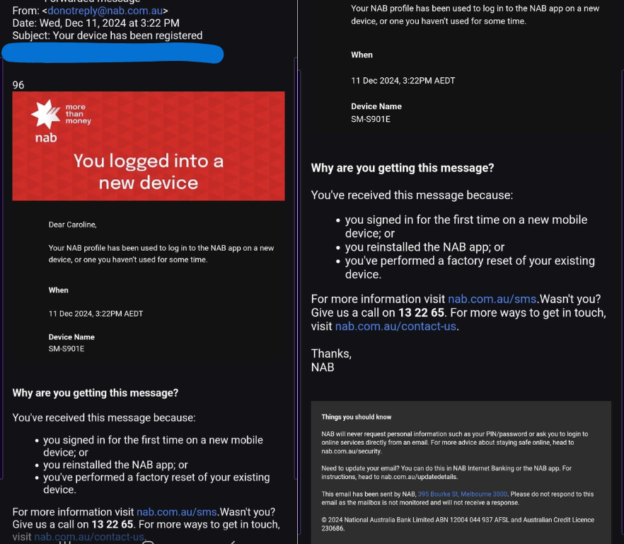 The email Ms Buchan received from NAB while she was at the branch.