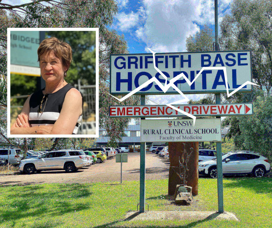 photo of a woman with her arms crossed, superimposed next to a hospital sign and car park in the background