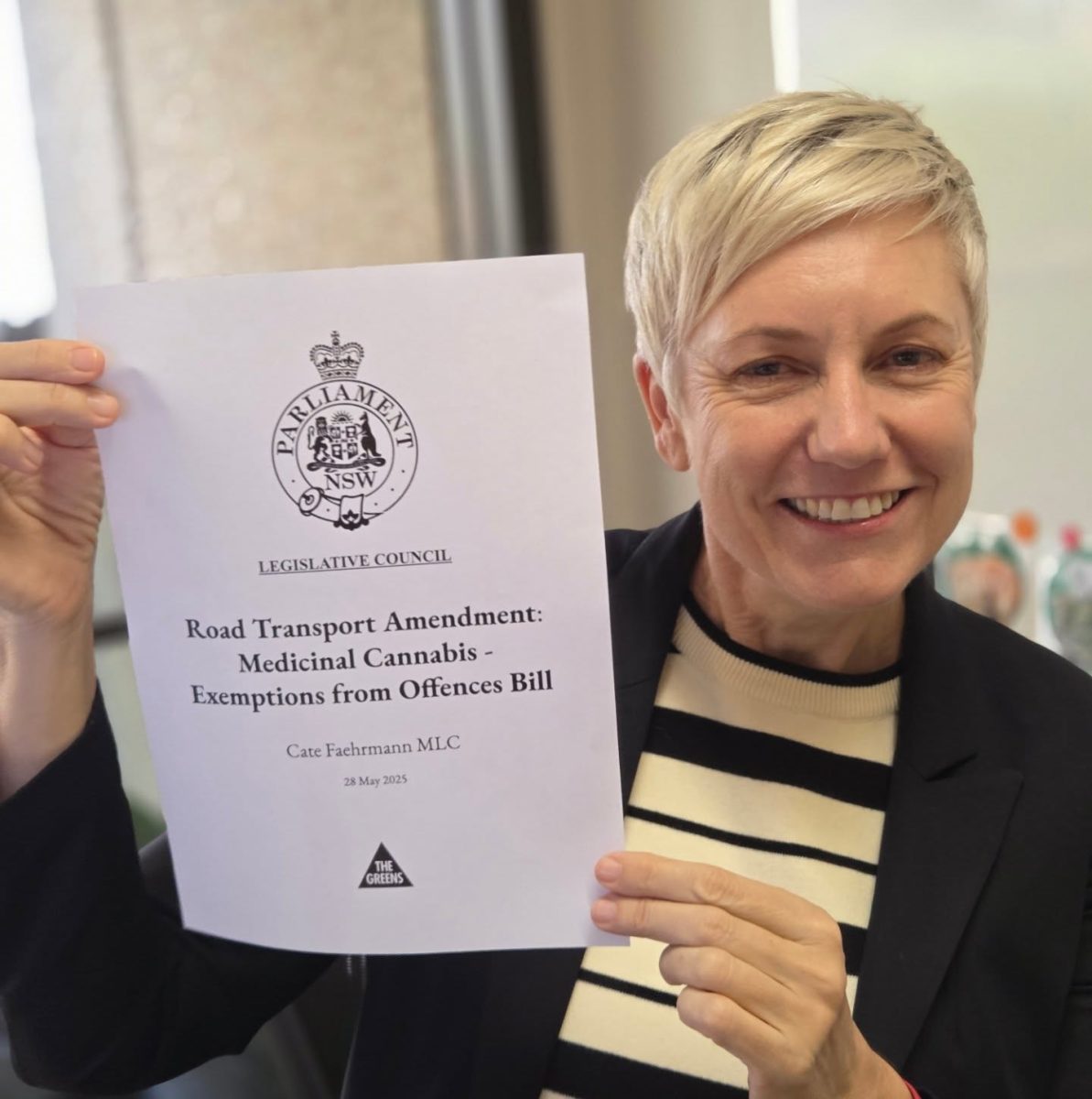 Greens MP Cate Faehrmann holding a sheet of paper of the bill she intends to introduce.
